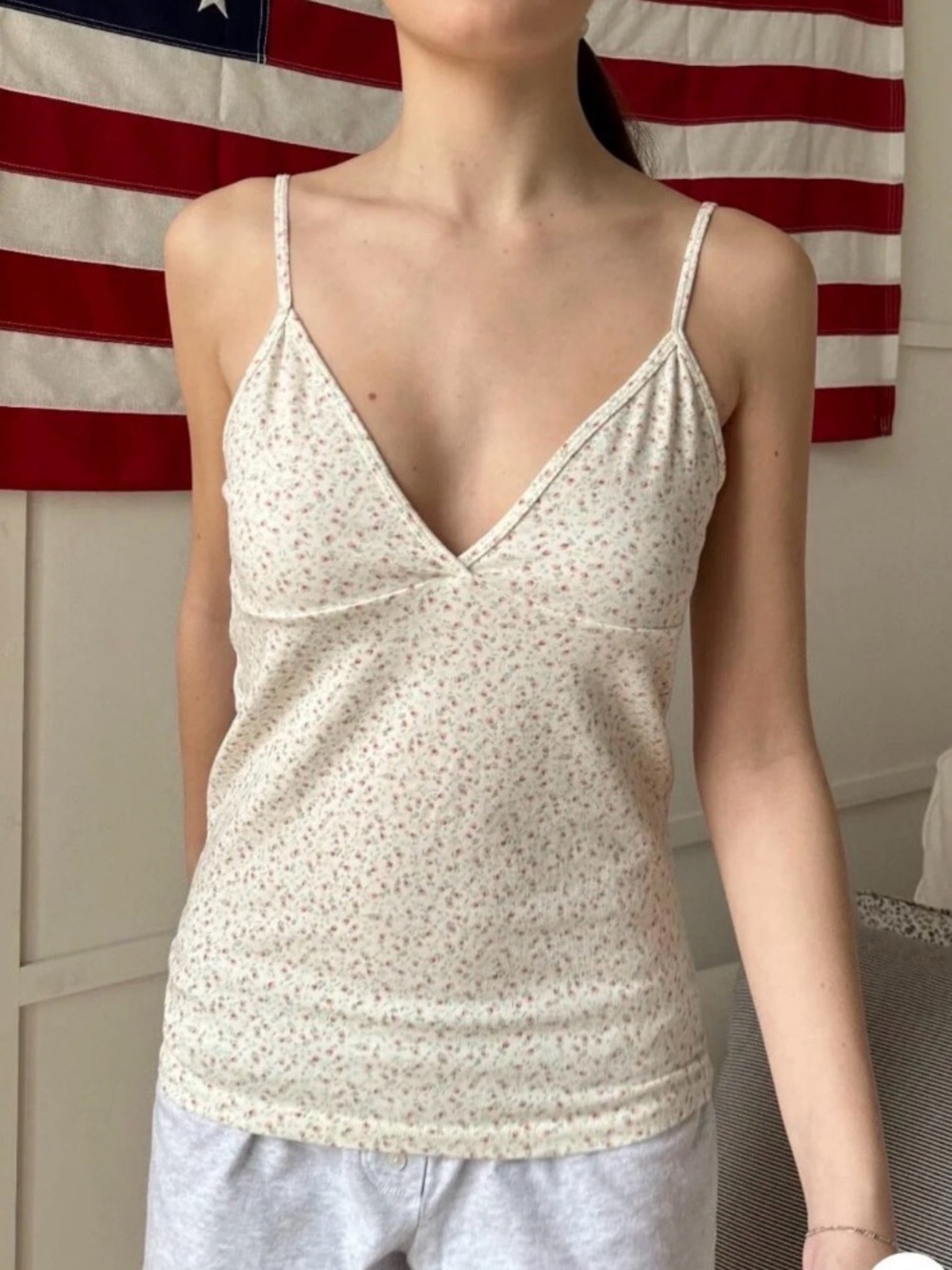 Brandy Melville Cream Floral V-Neck Spaghetti Strap Camisole